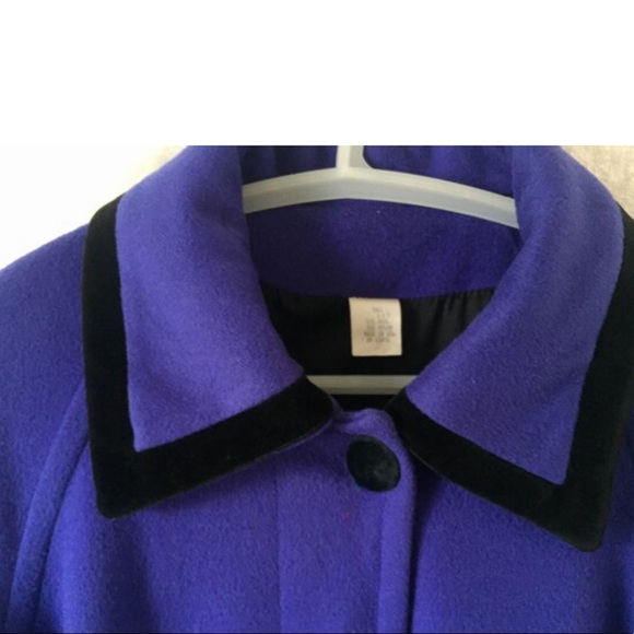 ! Vintage 1992 Wool Dress Coat in Periwinkle Wool with Black Velvet Trim 14 Tall - Picture 1 of 10